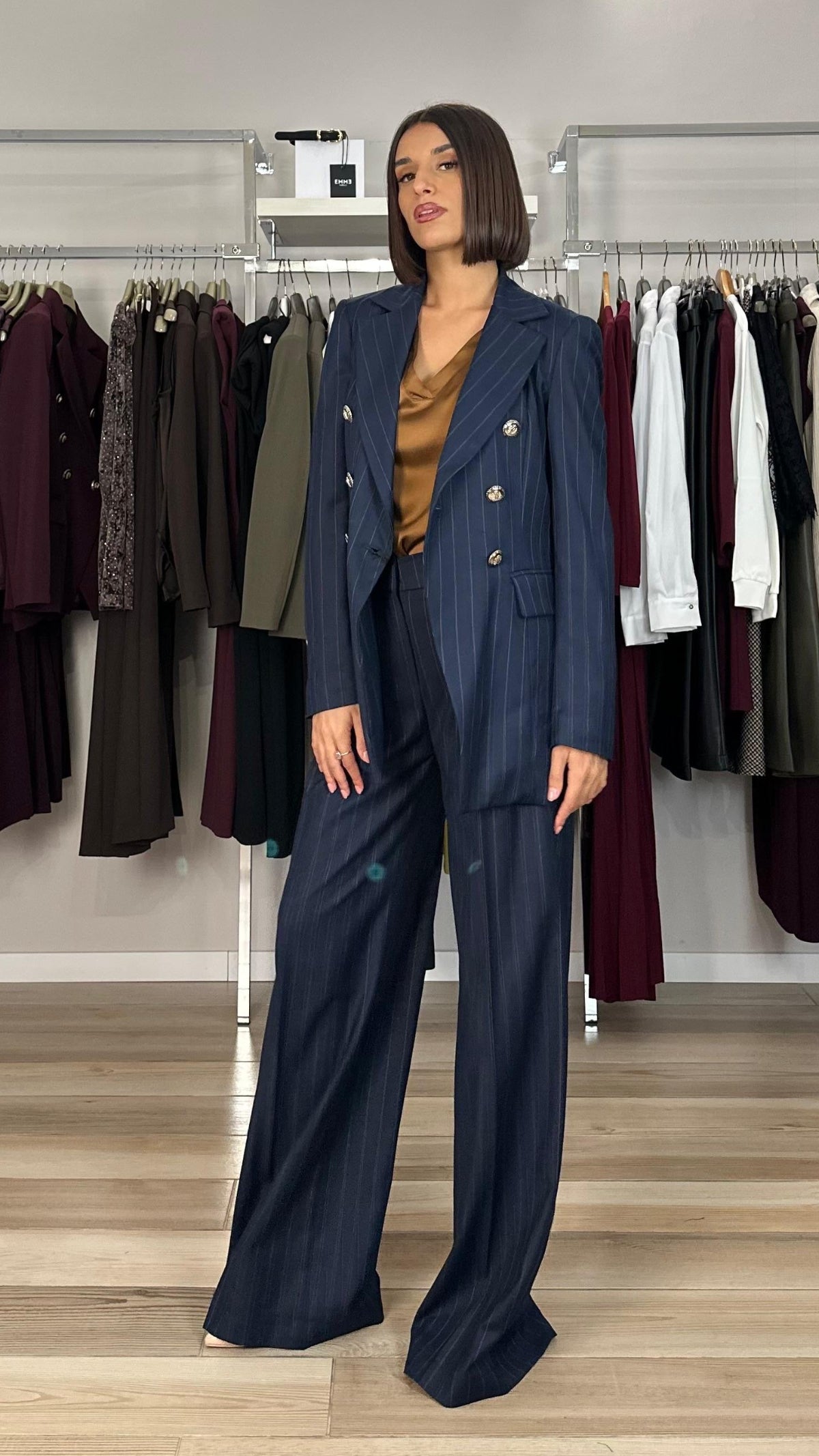 Maryley giacca doppiopetto blu gessata dettaglio