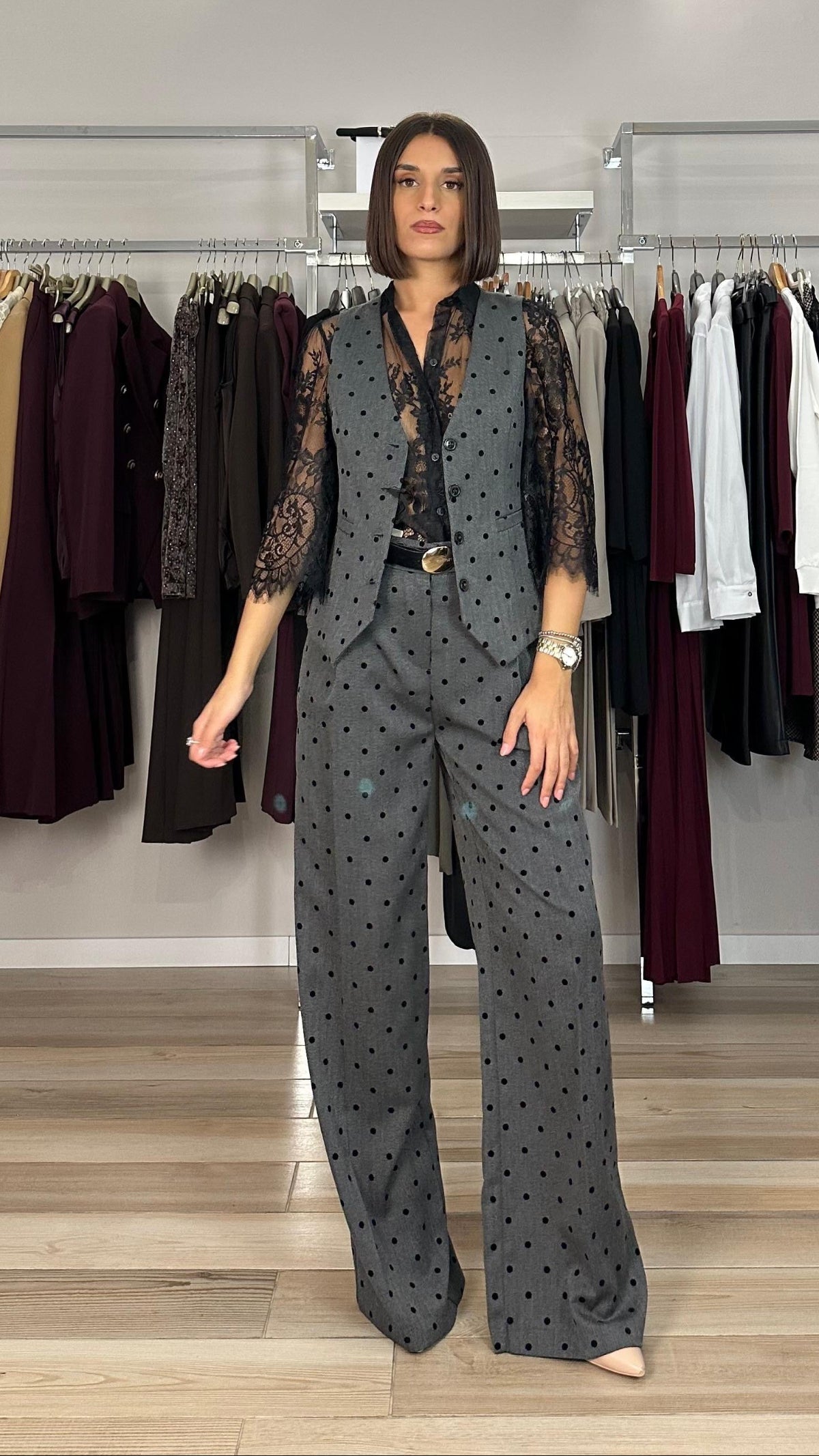 Maryley pantalone palazzo a pois dettaglio