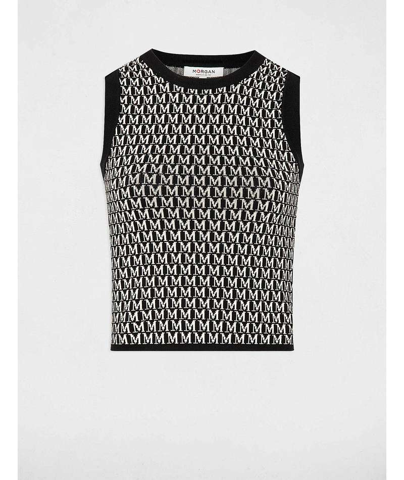 Top nero logo Morgan dettaglio