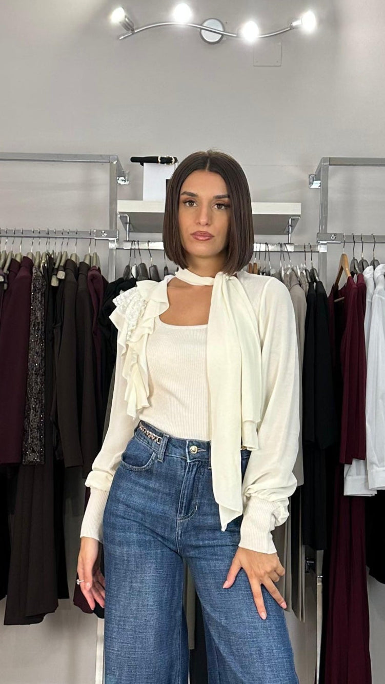 Haveone maglia volant e pizzo panna