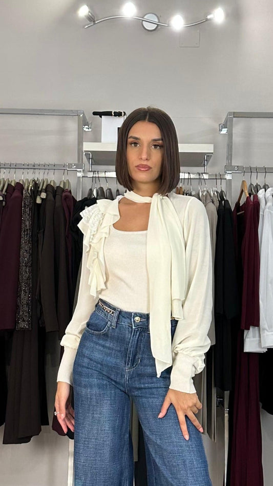 Haveone maglia volant e pizzo panna