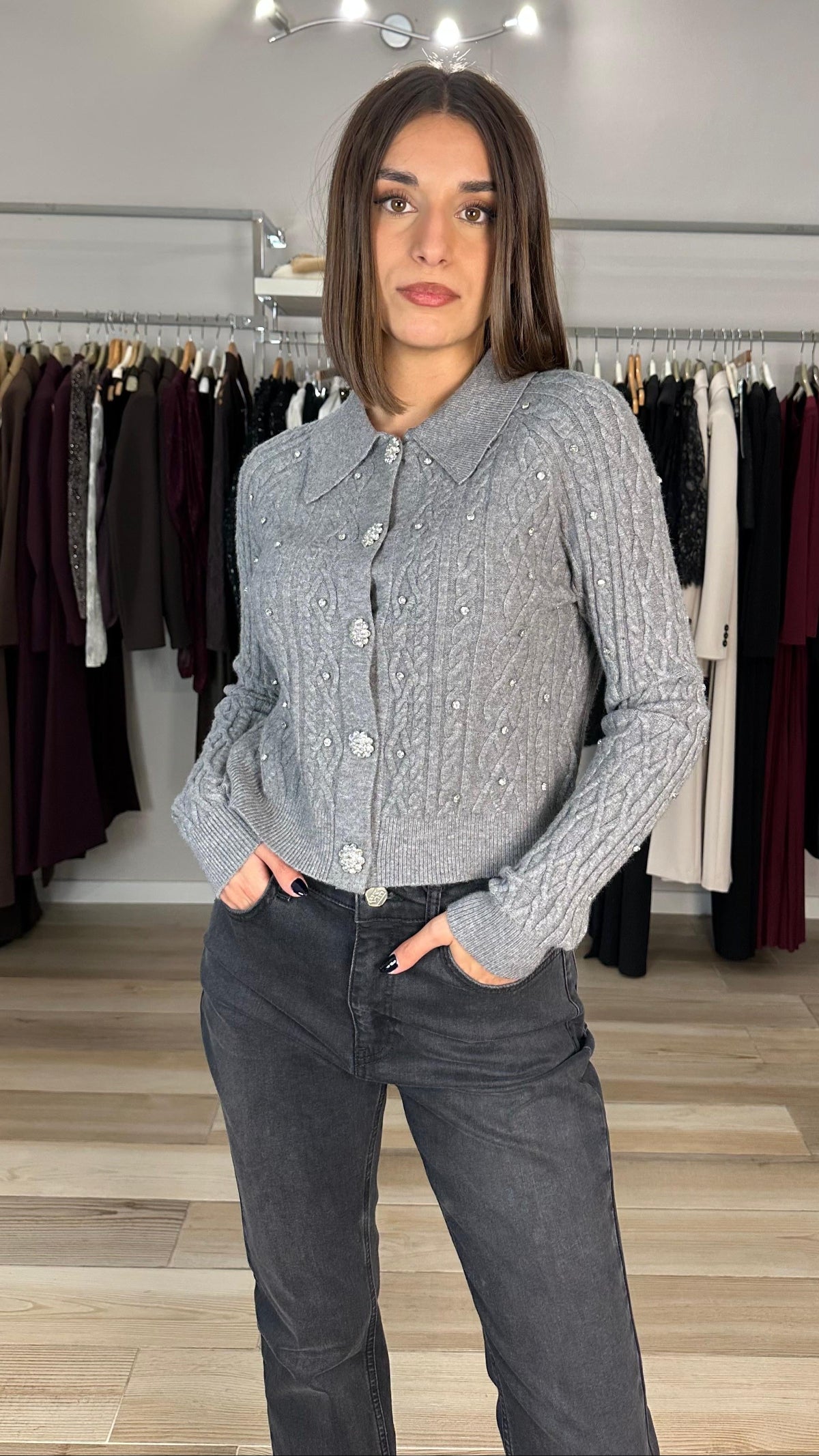 Haveone polo bottoni gioiello grigio frontale