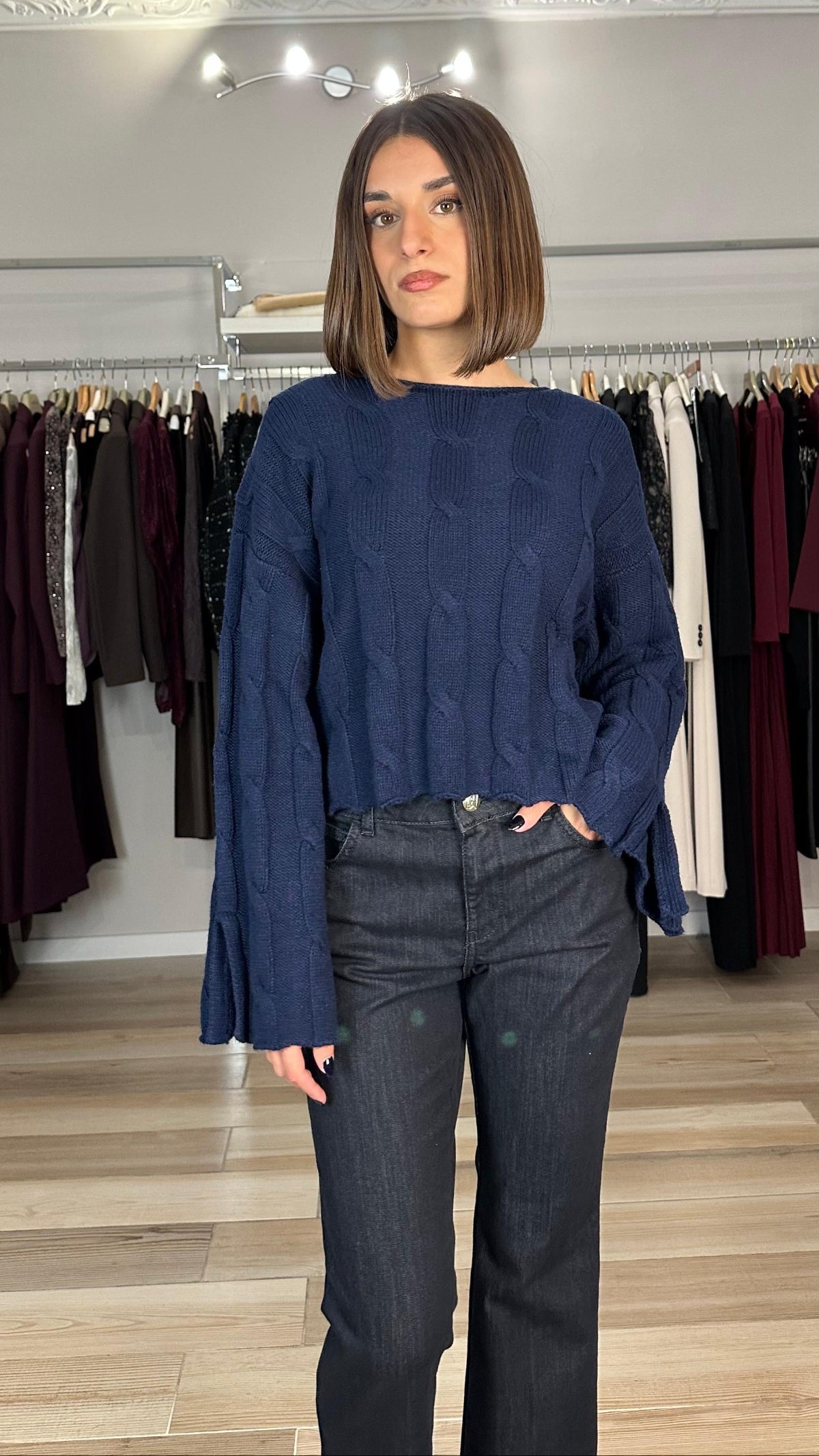 Kocca maglione a trecce blu frontale