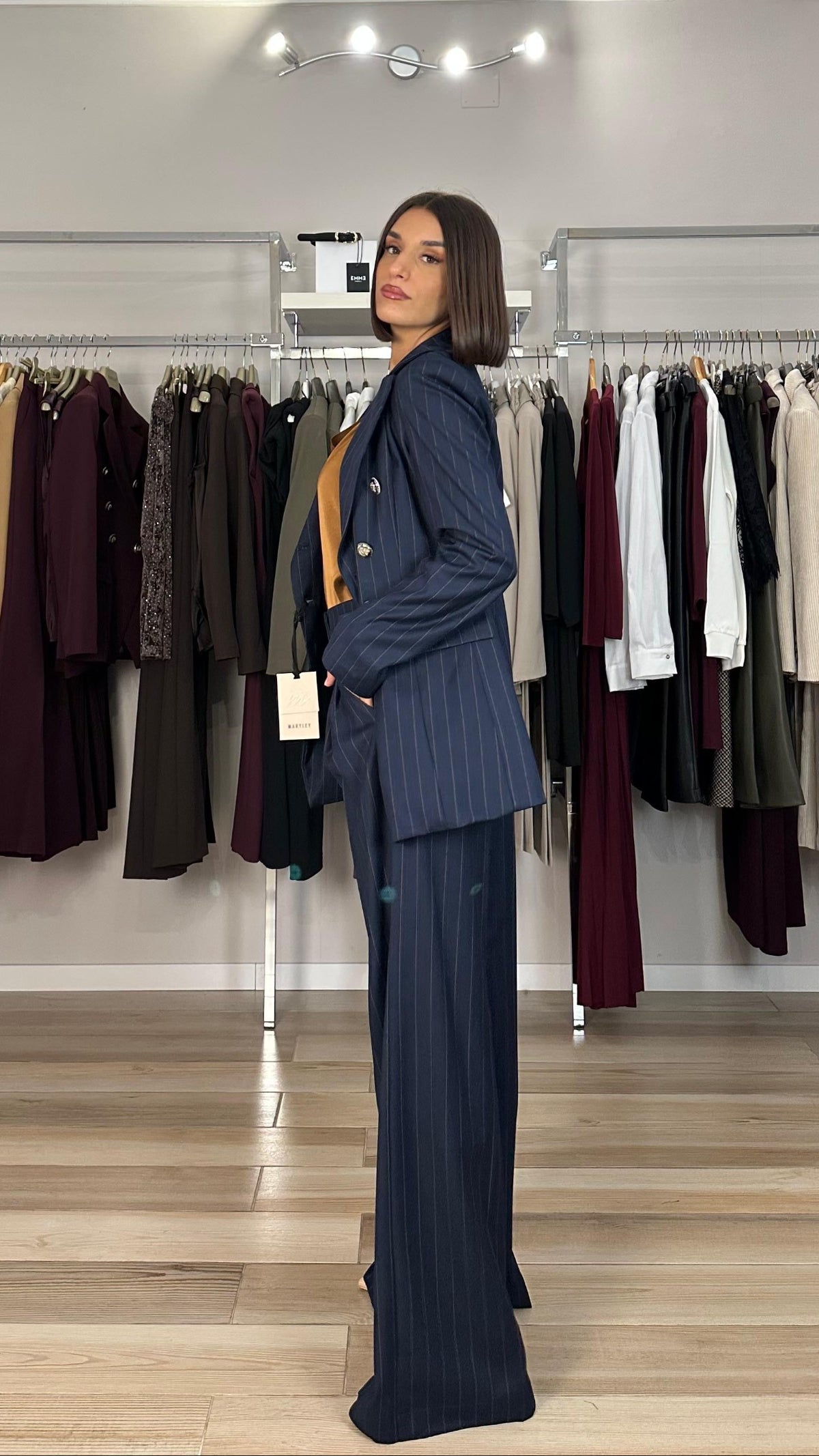 Maryley giacca doppiopetto blu lateralegessata