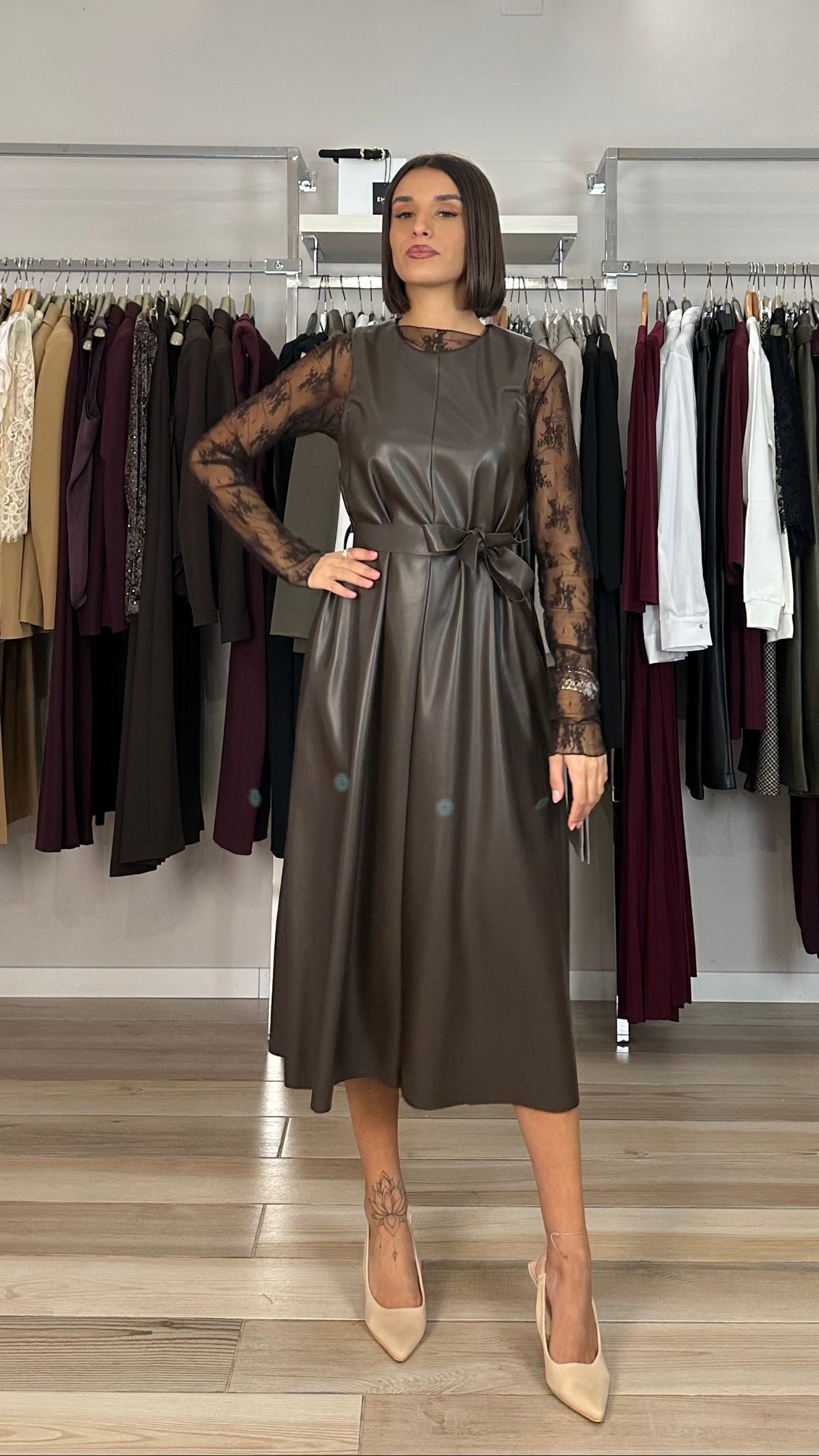 Susy mix abito midi ecopelle marrone