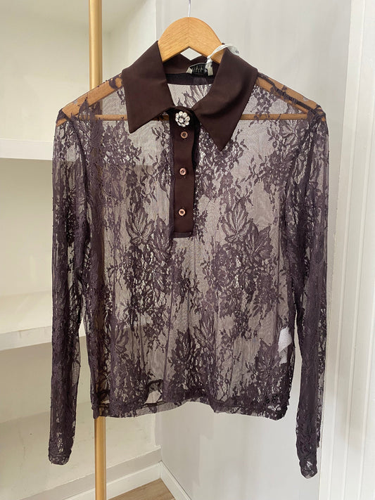 Susy mix maglia in pizzo marrone