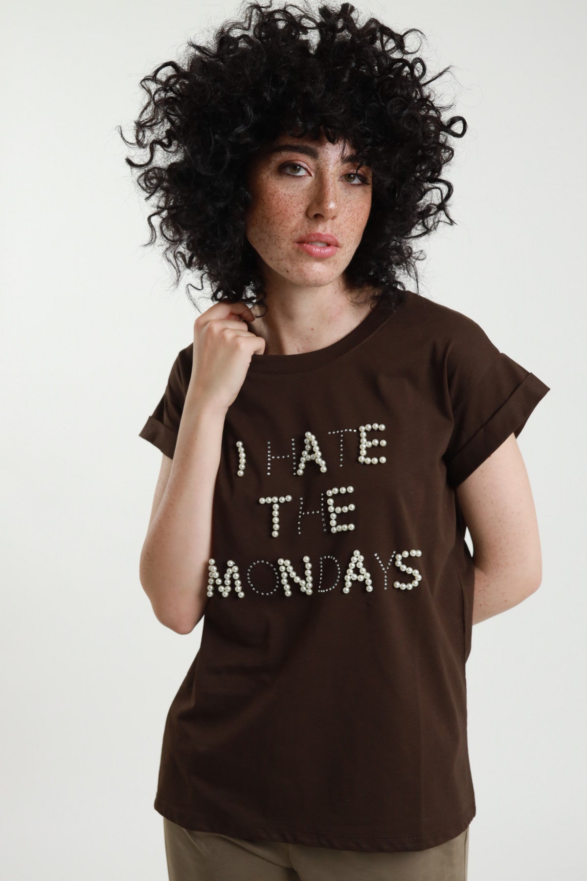 Susymixt-shirtconperleestrassmarrone